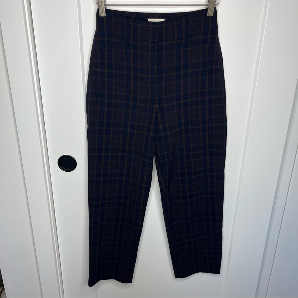 Aritzia Wilfred Navy Blue Plaid Pattern High Waisted Crop Trousers Pants Size 0